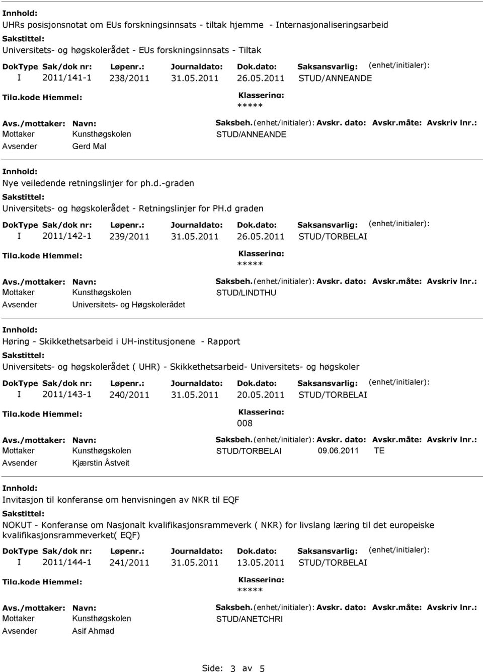 d graden 2011/142-1 239/2011 26.05.2011 STUD/TORBELA Avs./mottaker: Navn: Saksbeh. Avskr. dato: Avskr.måte: Avskriv lnr.