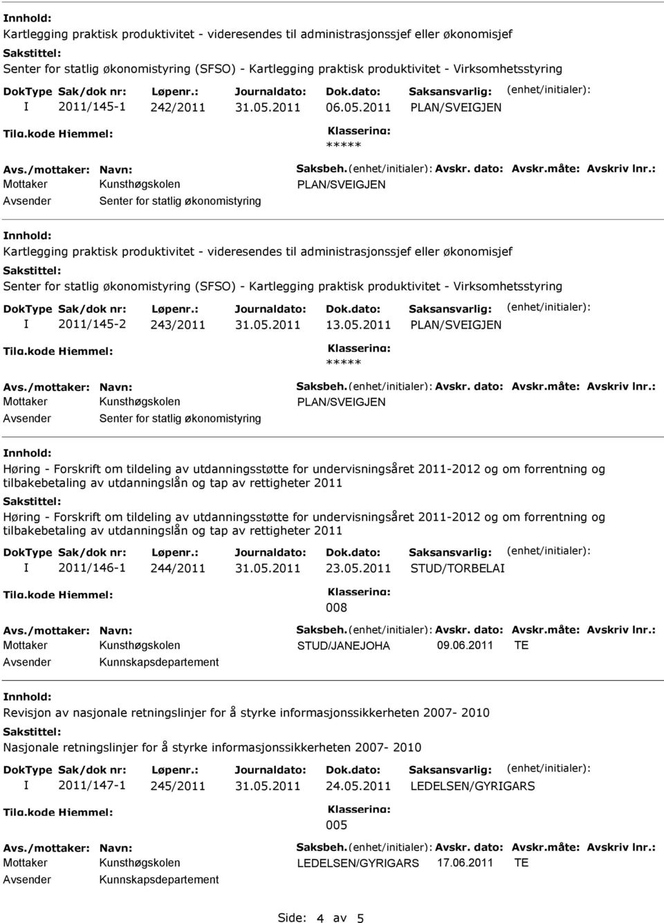 : PLAN/SVEGJEN Avsender Senter for statlig økonomistyring  2011/145-2 243/2011 13.05.2011 PLAN/SVEGJEN Avs./mottaker: Navn: Saksbeh. Avskr. dato: Avskr.måte: Avskriv lnr.