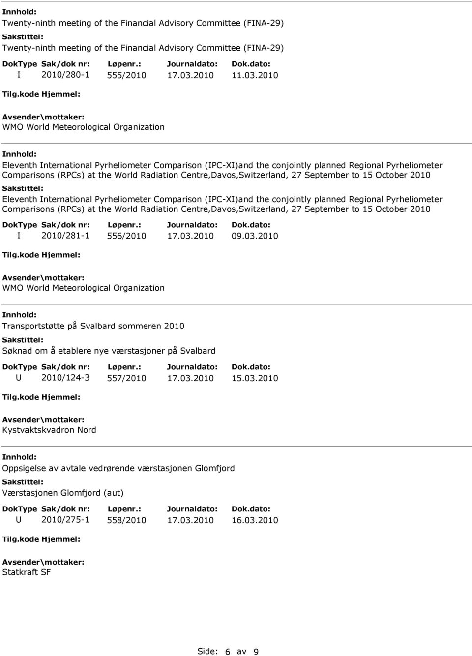 2010 2010/281-1 556/2010 Transportstøtte på Svalbard sommeren 2010 Søknad om å etablere nye værstasjoner på Svalbard 2010/124-3 557/2010 Kystvaktskvadron Nord Oppsigelse av avtale vedrørende