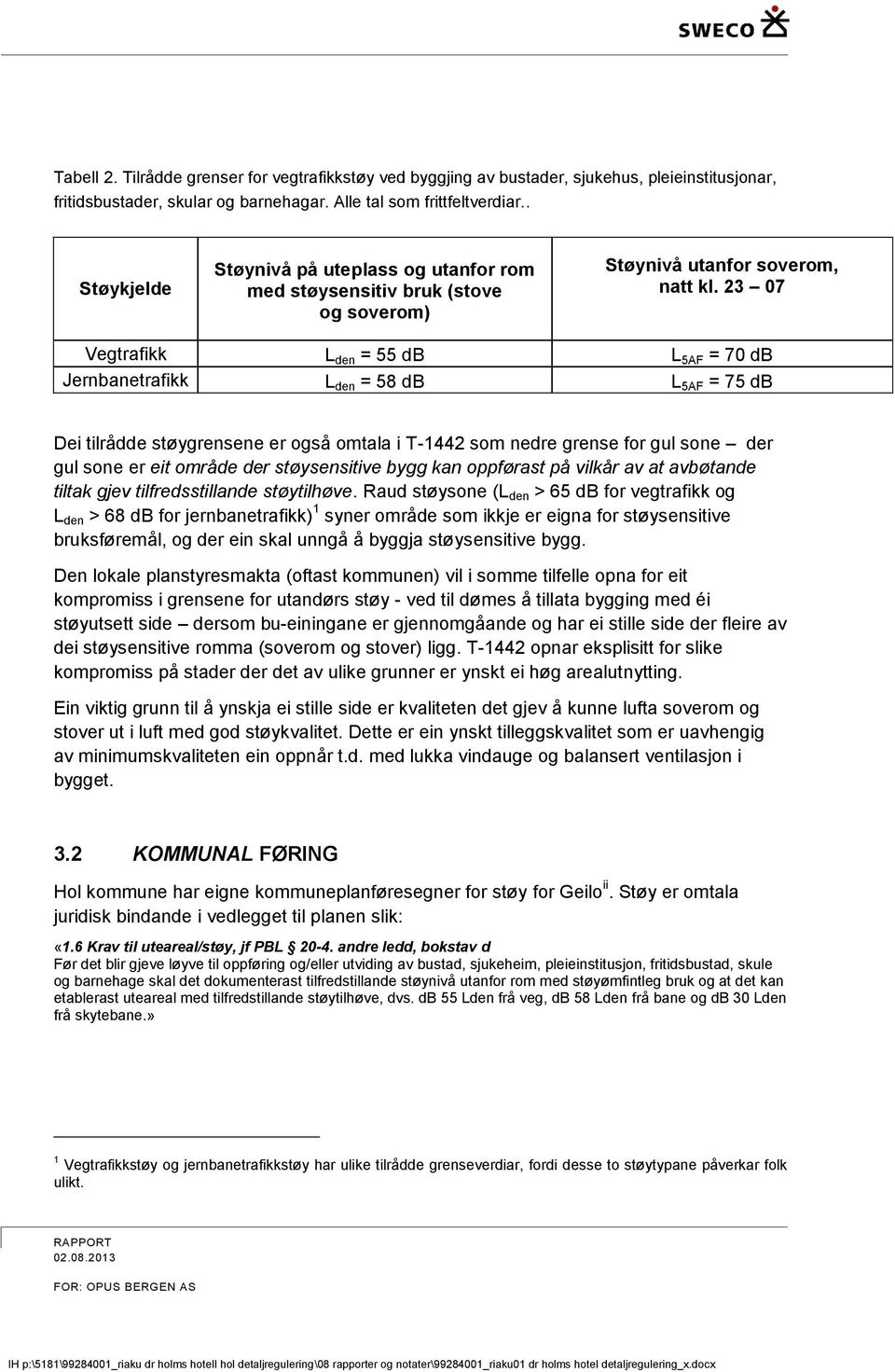 23 07 Vegtrafikk L den = 55 db L 5AF = 70 db Jernbanetrafikk L den = 58 db L 5AF = 75 db Dei tilrådde støygrensene er også omtala i T-1442 som nedre grense for gul sone der gul sone er eit område der