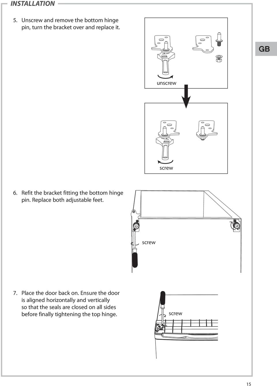 GB unscrew screw 6. Refit the bracket fitting the bottom hinge pin.