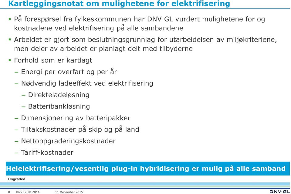 Forhold som er kartlagt Energi per overfart og per år Nødvendig ladeeffekt ved elektrifisering Direkteladeløsning Batteribankløsning Dimensjonering av