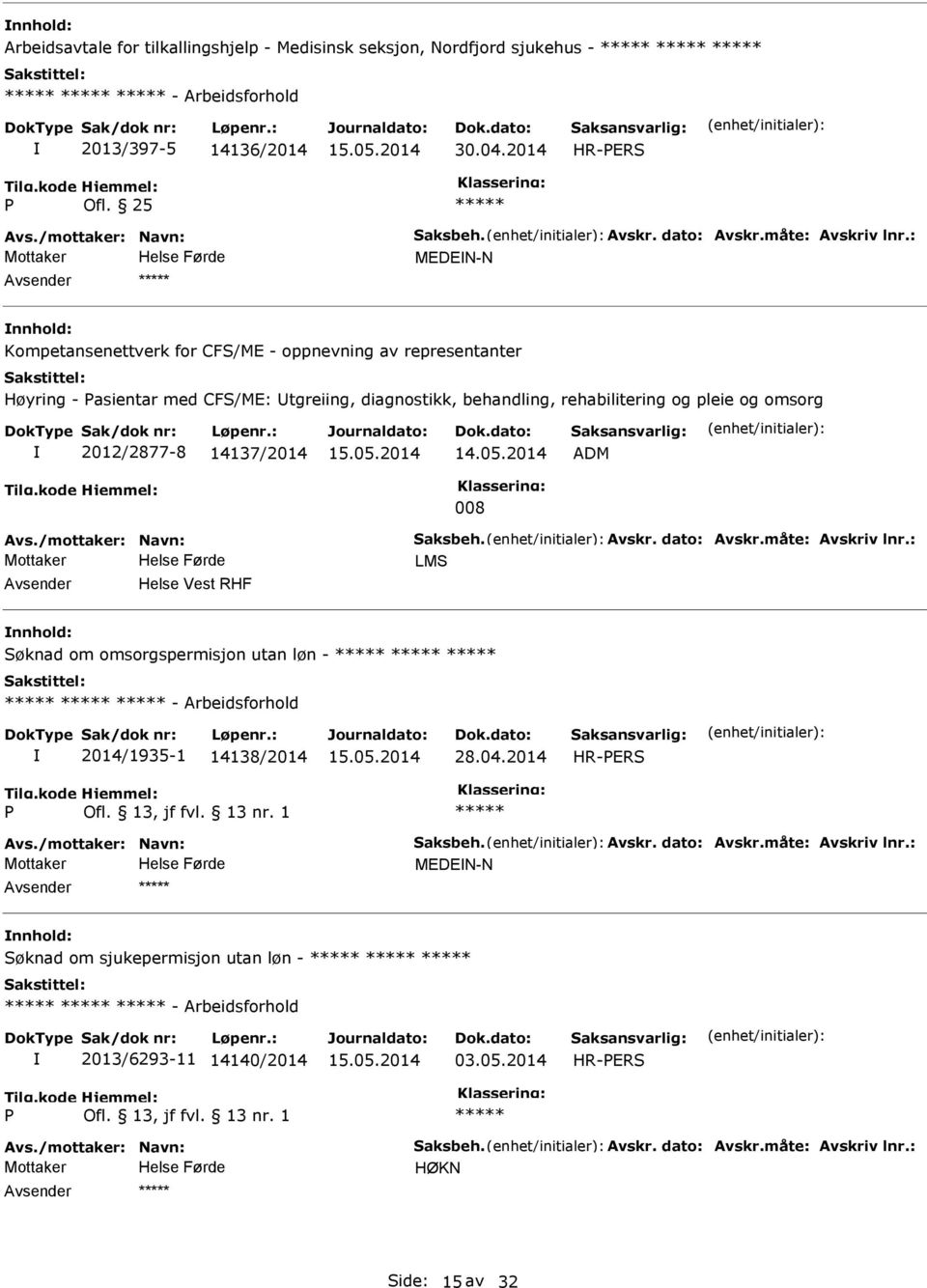 008 Avs./mottaker: Navn: Saksbeh. Avskr. dato: Avskr.måte: Avskriv lnr.: LMS Helse Vest RHF Søknad om omsorgspermisjon utan løn - - Arbeidsforhold 2014/1935-1 14138/2014 28.04.2014 Avs.