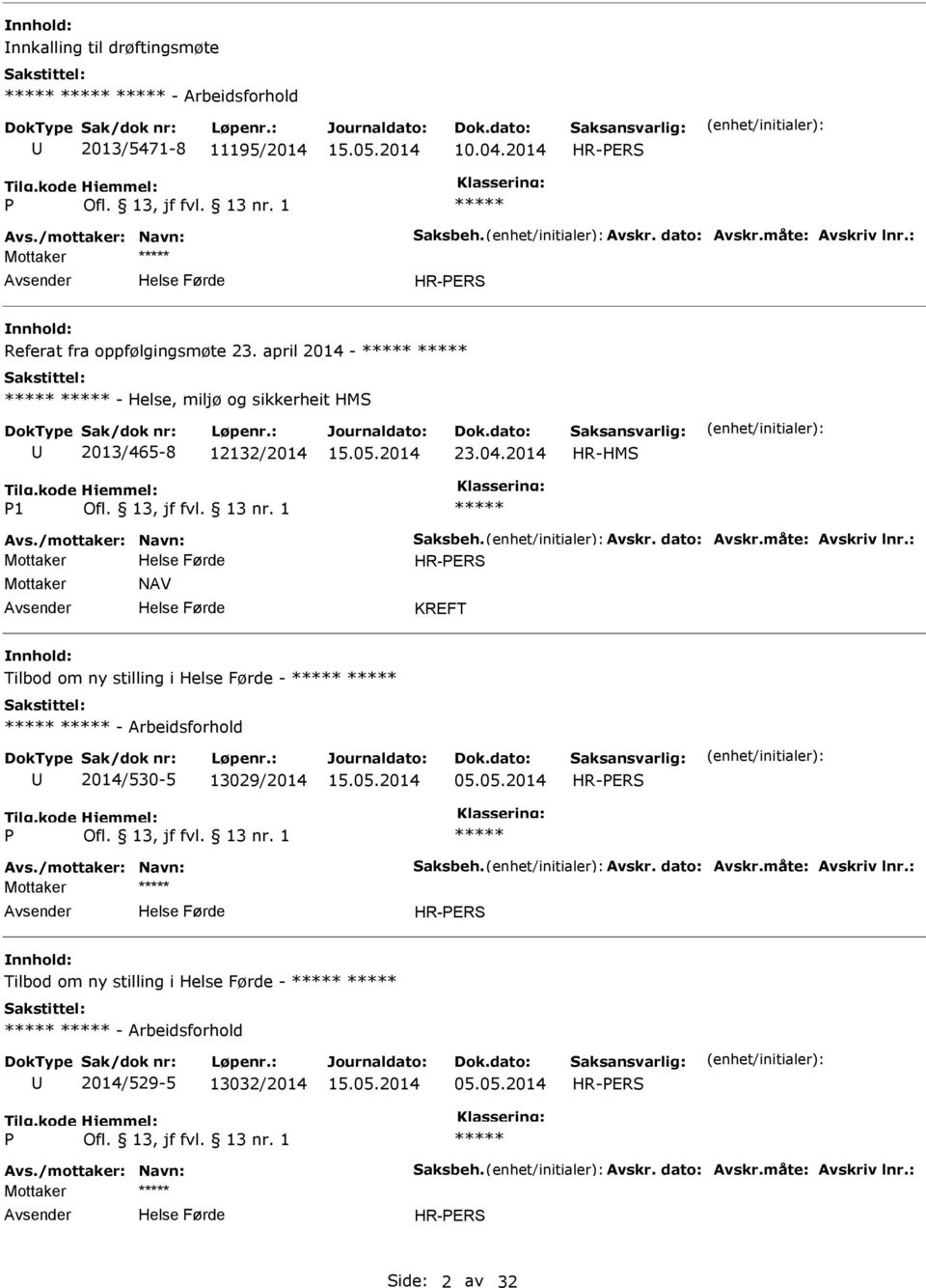 dato: Avskr.måte: Avskriv lnr.: Mottaker NAV KREFT Tilbod om ny stilling i - - Arbeidsforhold 2014/530-5 13029/2014 05.05.2014 Avs./mottaker: Navn: Saksbeh. Avskr. dato: Avskr.