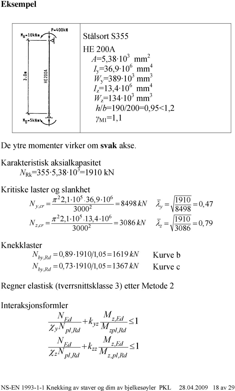 Karakteristisk aksialkapasitet Rk =355 5,38 10 3 =1910 k Kritiske laster og slankhet 2 5 6 2,1 10 36,9 10 ycr, 8498 k 2 3000 2 5 6 2,1 10 13,4 10 zcr, 3086 k 2 3000