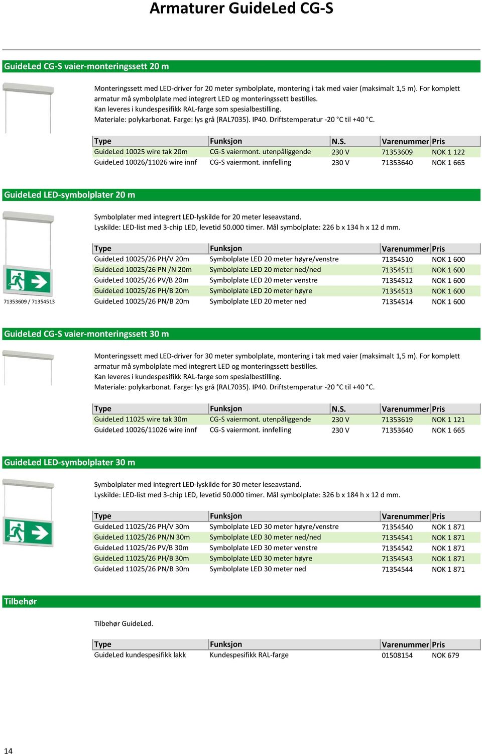 IP40. Driftstemperatur -20 C til +40 C. GuideLed 10025 wire tak 20m GuideLed 10026/11026 wire innf CG-S 