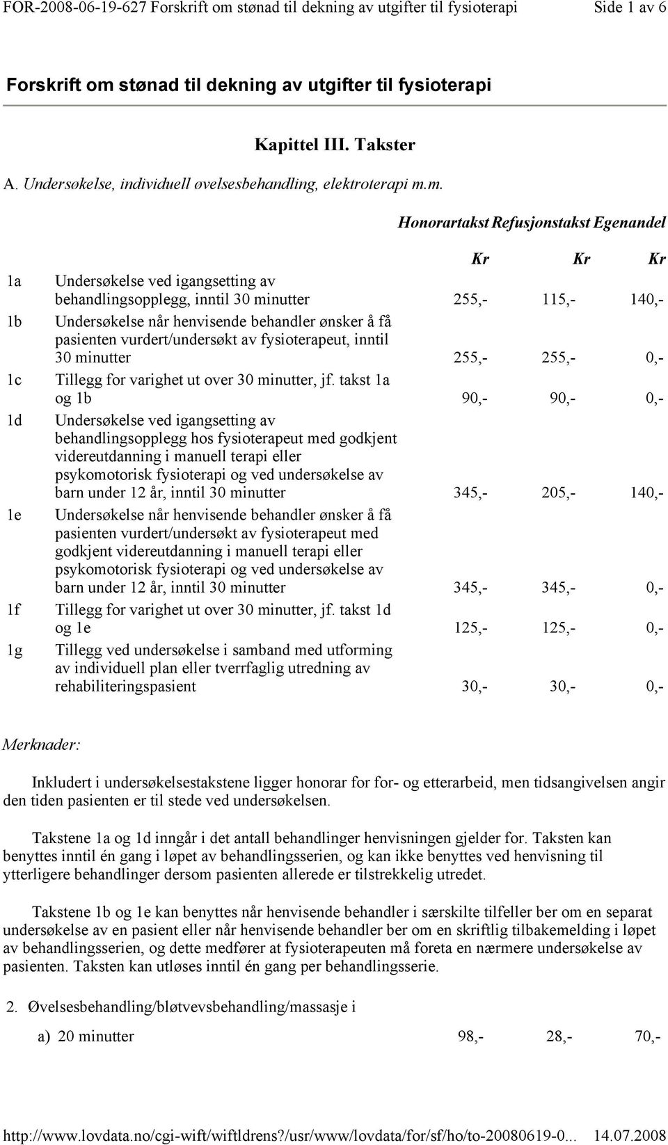 m. Honorartakst Refusjonstakst Egenandel 1a 1b 1c 1d 1e 1f 1g Kr Kr Kr Undersøkelse ved igangsetting av behandlingsopplegg, inntil 30 minutter 255,- 115,- 140,- Undersøkelse når henvisende behandler