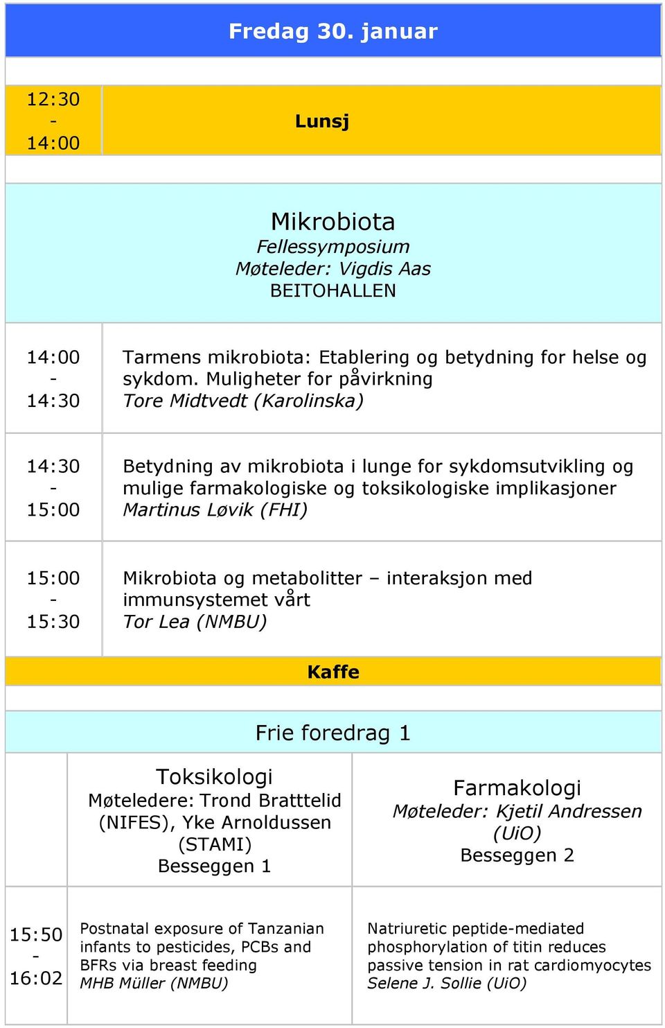 15:30 Mikrobiota og metabolitter interaksjon med immunsystemet vårt Tor Lea (NMBU) Frie foredrag 1 Toksikologi Møteledere: Trond Bratttelid (NIFES), Yke Arnoldussen (STAMI) Møteleder: Kjetil