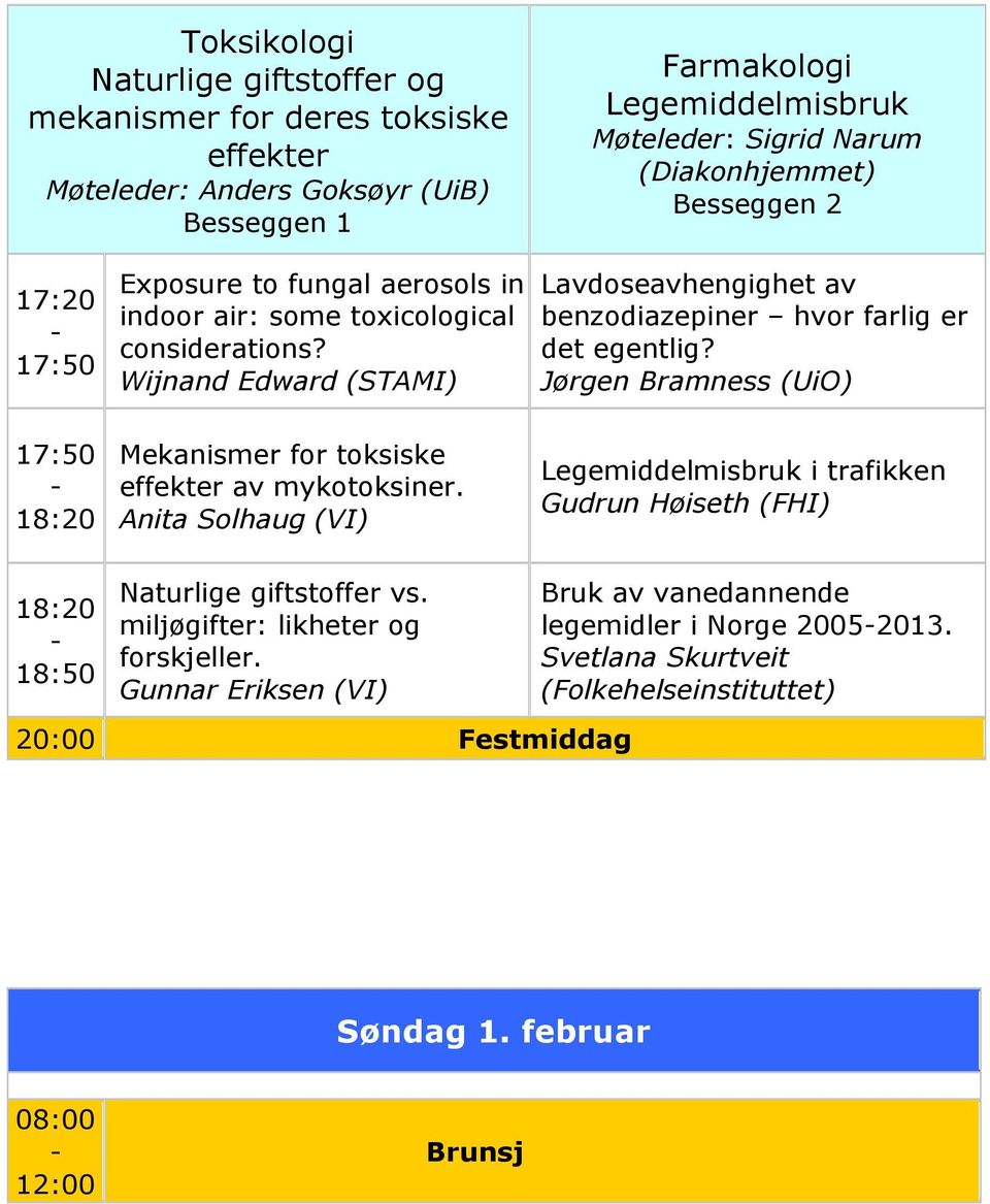 Jørgen Bramness (UiO) Mekanismer for toksiske effekter av mykotoksiner. Anita Solhaug (VI) Legemiddelmisbruk i trafikken Gudrun Høiseth (FHI) 18:50 Naturlige giftstoffer vs.