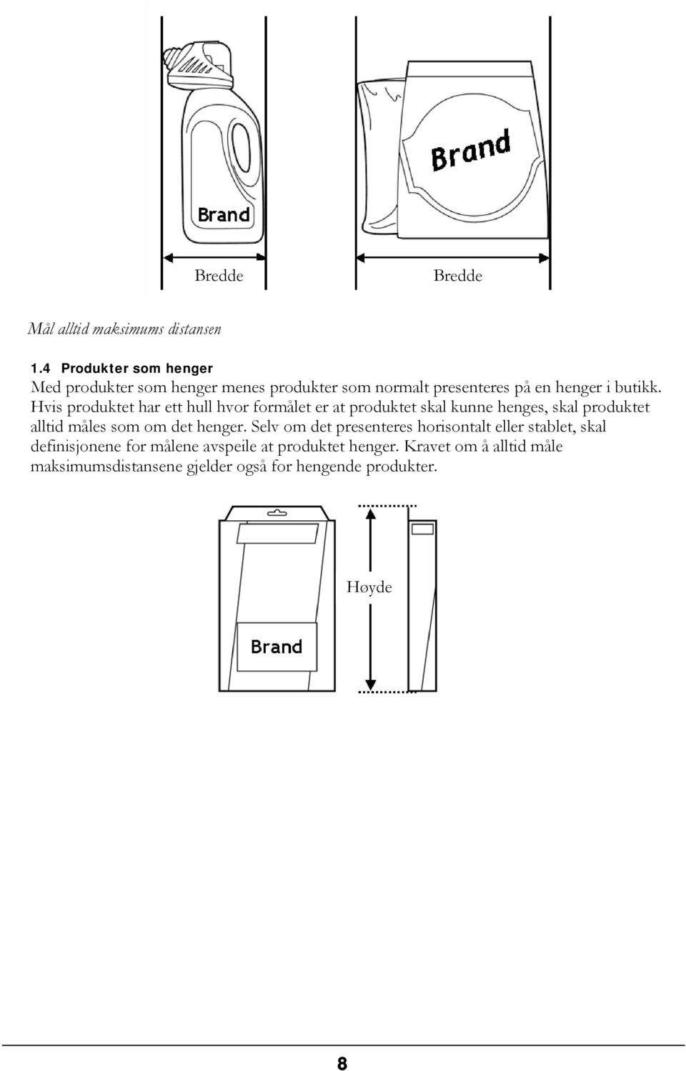 Hvis produktet har ett hull hvor formålet er at produktet skal kunne henges, skal produktet alltid måles som om det