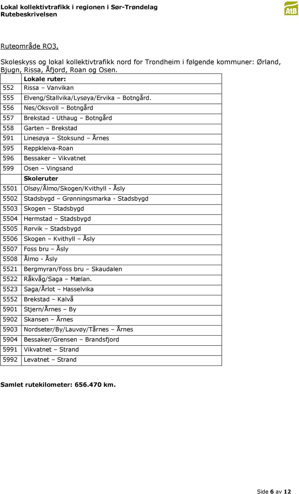 556 Nes/Oksvoll Botngård 557 Brekstad - Uthaug Botngård 558 Garten Brekstad 591 Linesøya Stoksund Årnes 595 Reppkleiva-Roan 596 Bessaker Vikvatnet 599 Osen Vingsand Skoleruter 5501