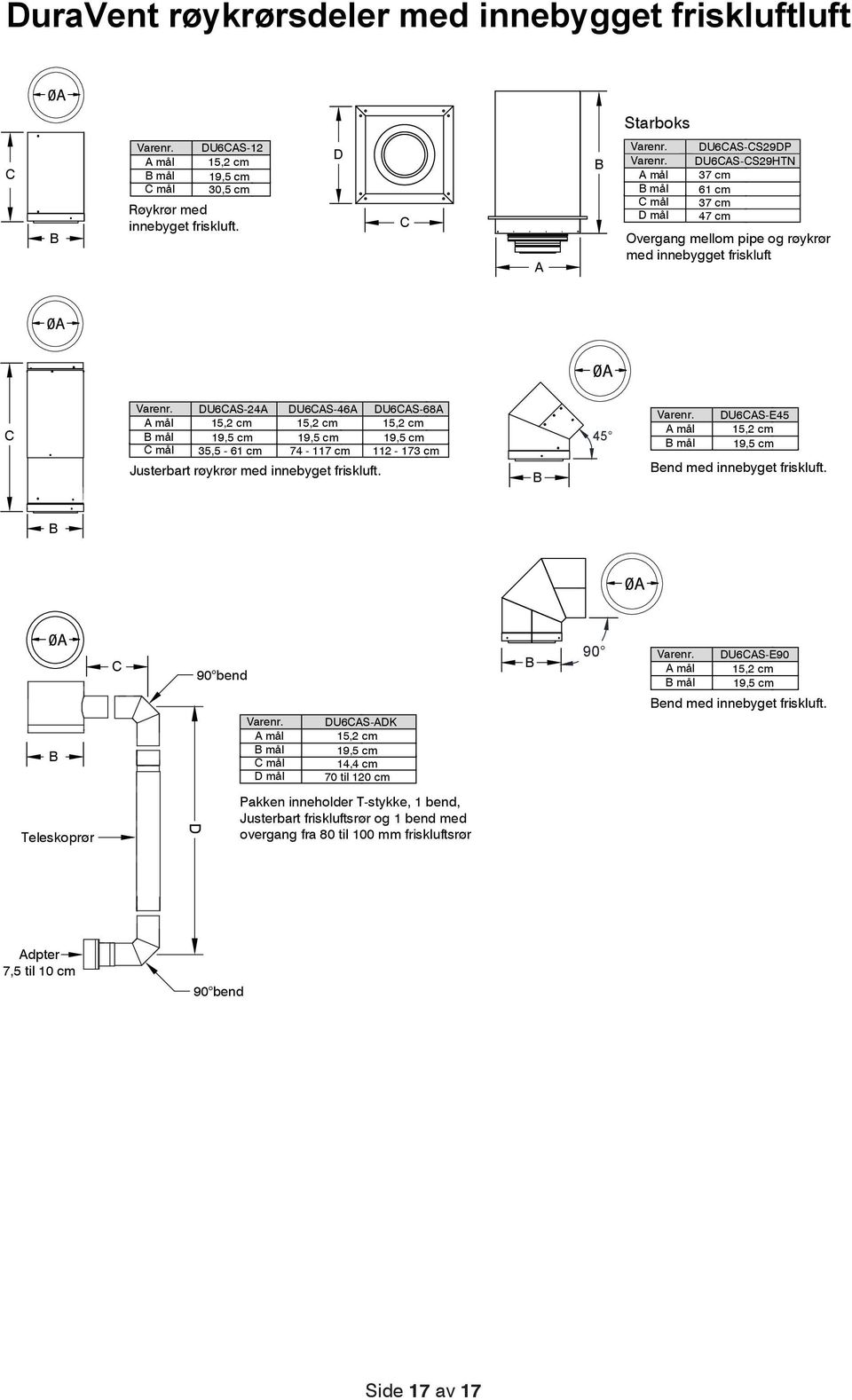 DU6CAS-24A DU6CAS-46A DU6CAS-68A A mål mål C mål 15,2 cm 19,5 cm 35,5-61 cm 15,2 cm 19,5 cm 74-117 cm 15,2 cm 19,5 cm 112-173 cm Justerbart røykrør med innebyget friskluft. 45 Varenr.