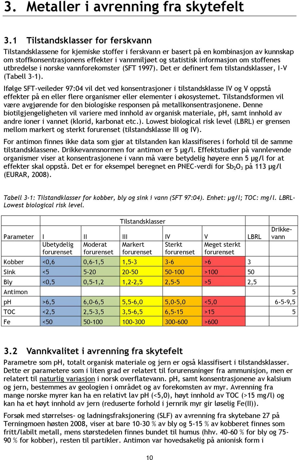 om stoffenes utbredelse i norske vannforekomster (SFT 1997). Det er definert fem tilstandsklasser, I-V (Tabell 3-1).