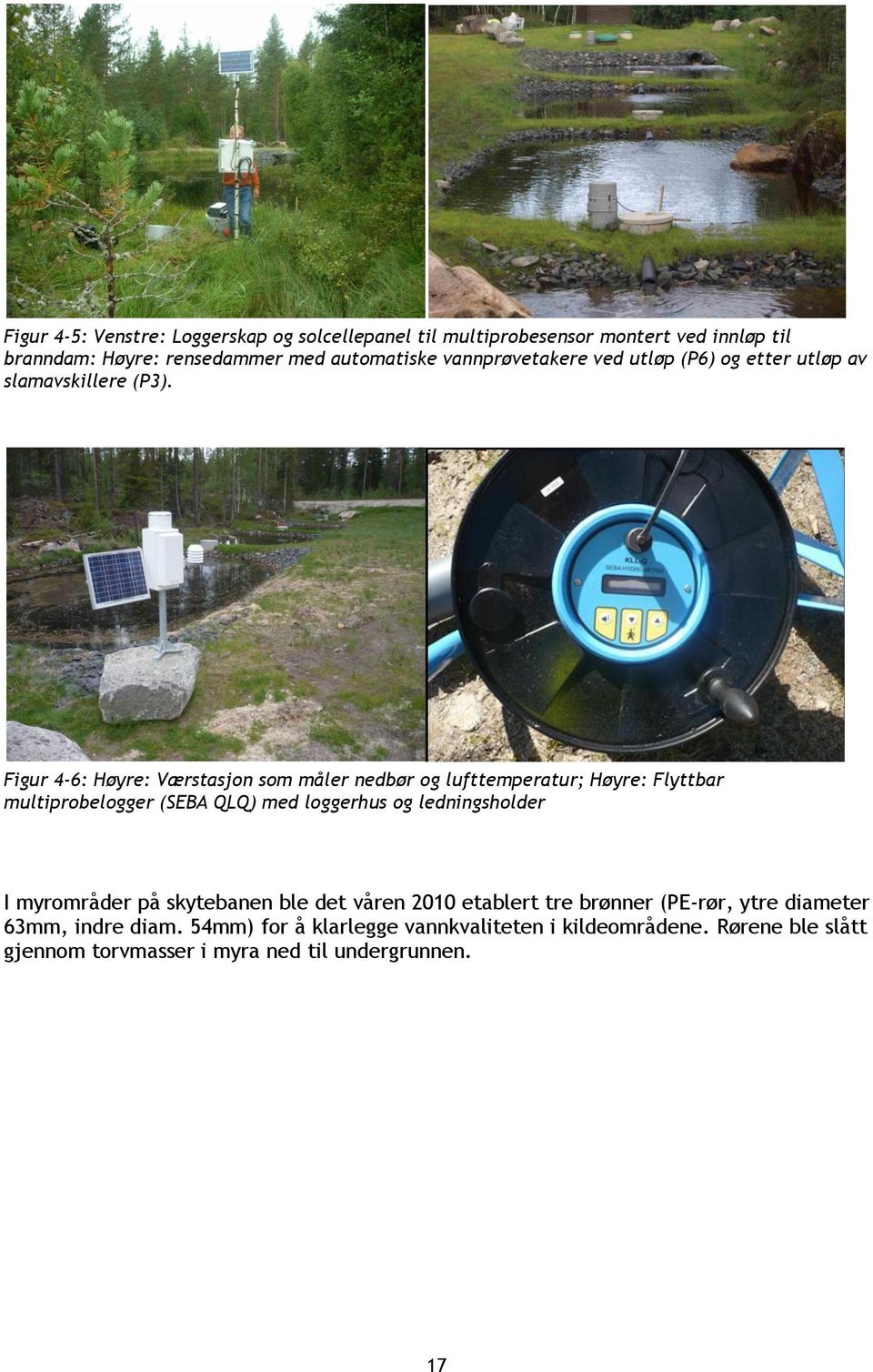 Figur 4-6: Høyre: Værstasjon som måler nedbør og lufttemperatur; Høyre: Flyttbar multiprobelogger (SEBA QLQ) med loggerhus og ledningsholder I