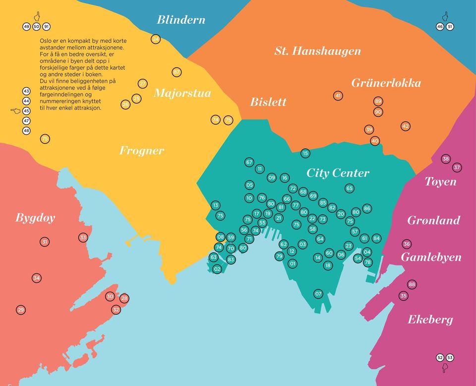 Du vil finne beliggenheten på attraksjonene ved å følge fargeinndelingen og nummereringen knyttet 26 til hver enkel attraksjon.