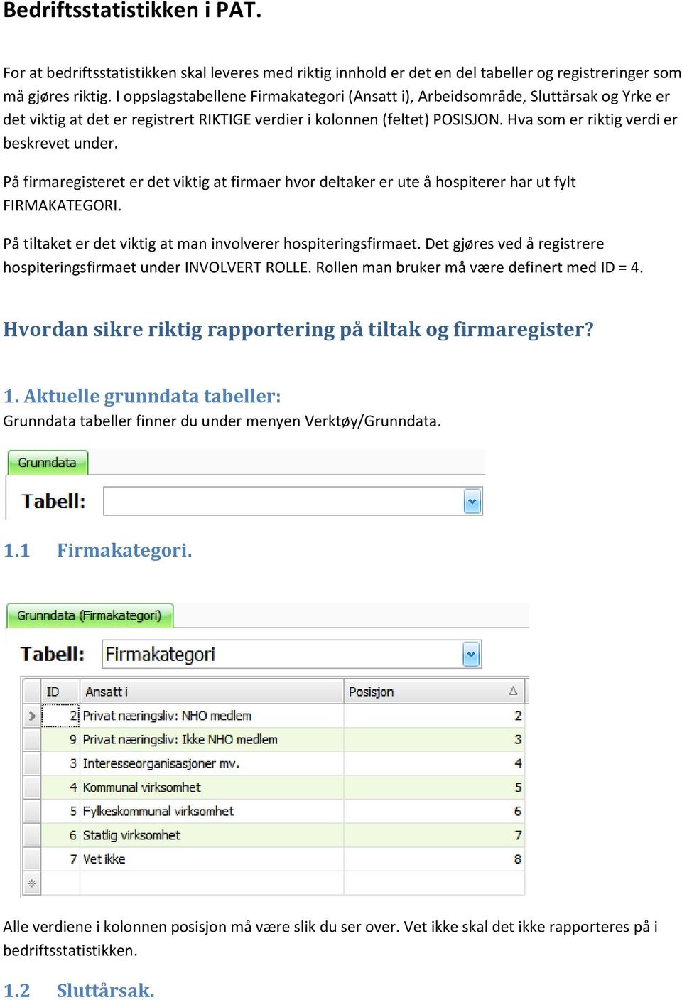 Hva som er riktig verdi er beskrevet under. På firmaregisteret er det viktig at firmaer hvor deltaker er ute å hospiterer har ut fylt FIRMAKATEGORI.