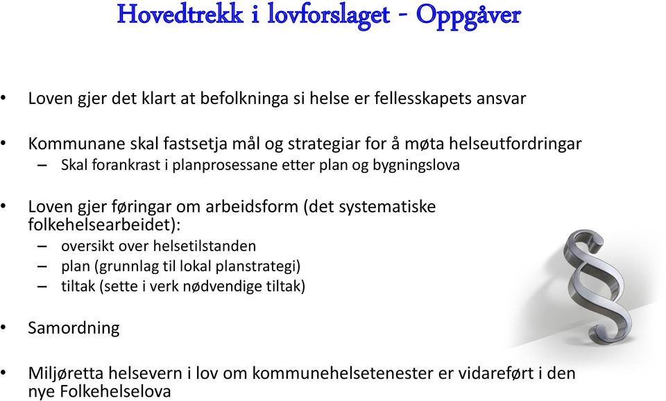 arbeidsform (det systematiske folkehelsearbeidet): oversikt over helsetilstanden plan (grunnlag til lokal planstrategi) tiltak