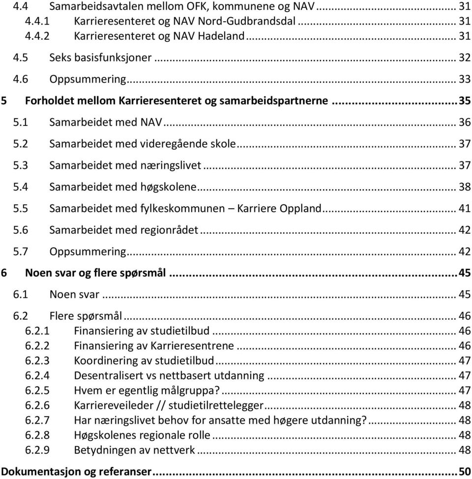 .. 38 5.5 Samarbeidet med fylkeskommunen Karriere Oppland... 41 5.6 Samarbeidet med regionrådet... 42 5.7 Oppsummering... 42 6 Noen svar og flere spørsmål...45 6.1 Noen svar... 45 6.2 Flere spørsmål.