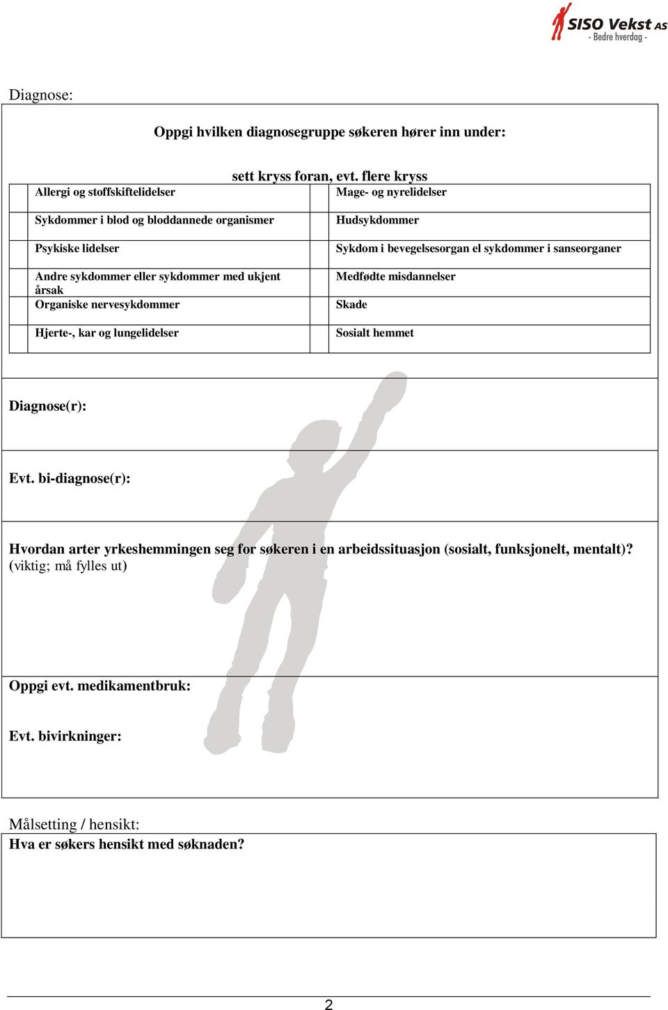 Hjerte-, kar og lungelidelser Hudsykdommer Sykdom i bevegelsesorgan el sykdommer i sanseorganer Medfødte misdannelser Skade Sosialt hemmet Diagnose(r): Evt.