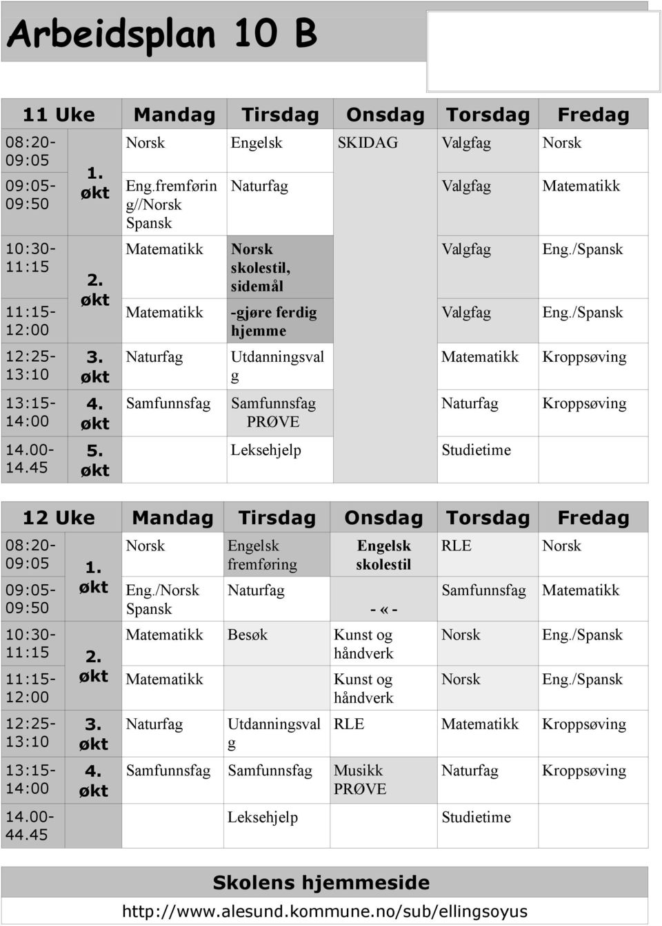 Kroppsøving 12 Uke Mandag Tirsdag Onsdag Torsdag Fredag 08:20-09:05 1. 09:05-09:50 10:30-11:15 2. 11:15-12:00 12:25-13:10 13:15-14:00 14.00-44.45 3. 4. Eng.