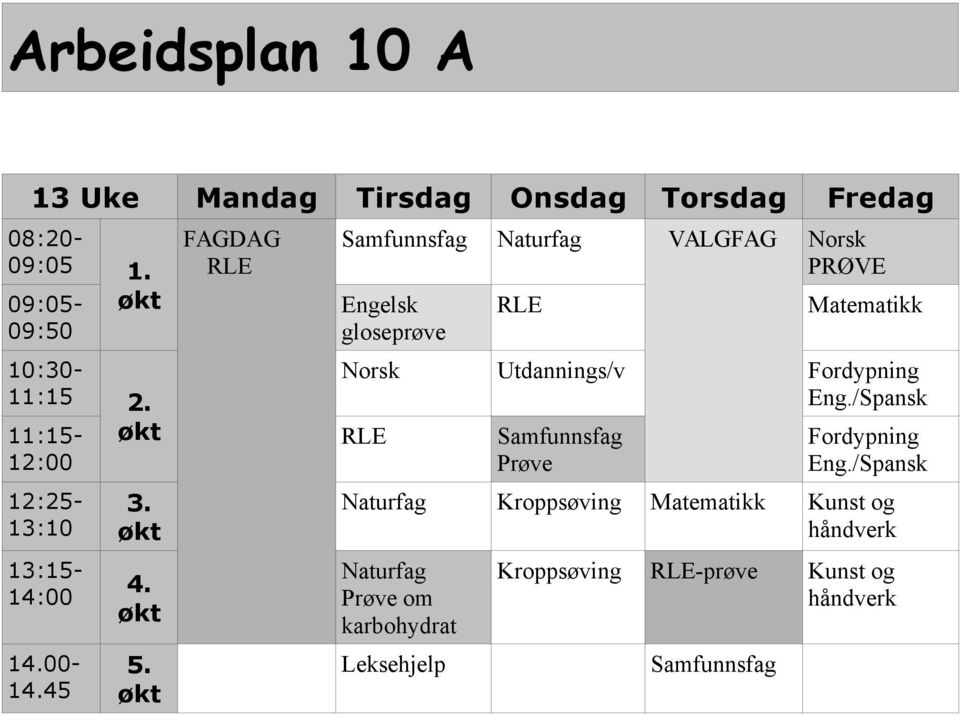 FAGDAG RLE Samfunnsfag Naturfag VALGFAG PRØVE Engelsk gloseprøve RLE Utdannings/v Fordypning RLE