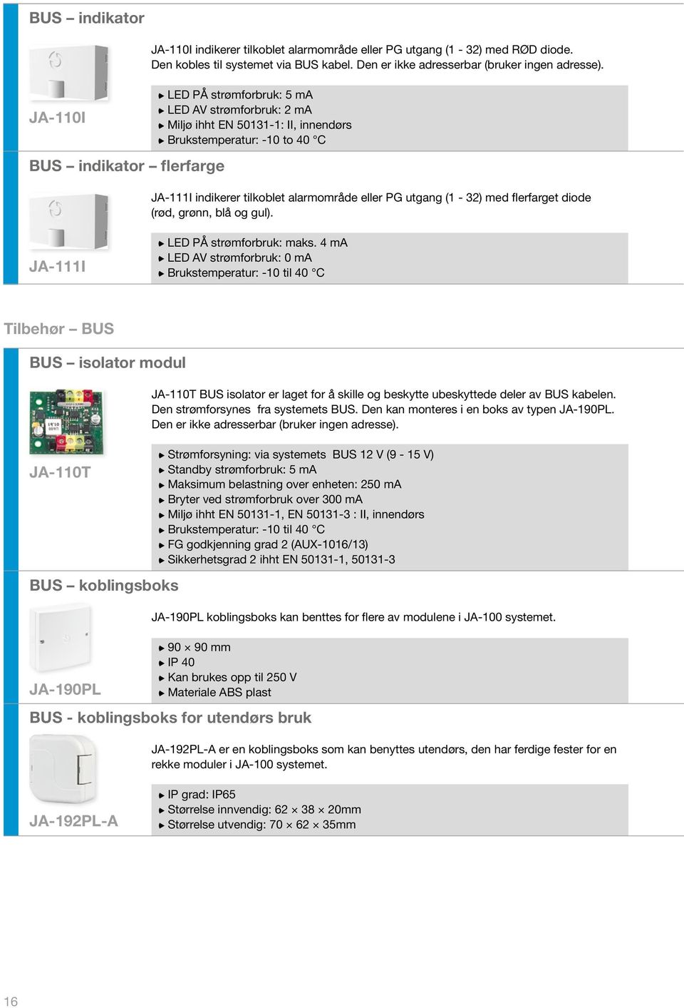 (rød, grønn, blå og gul). JA-111I LED PÅ strømforbruk: maks.