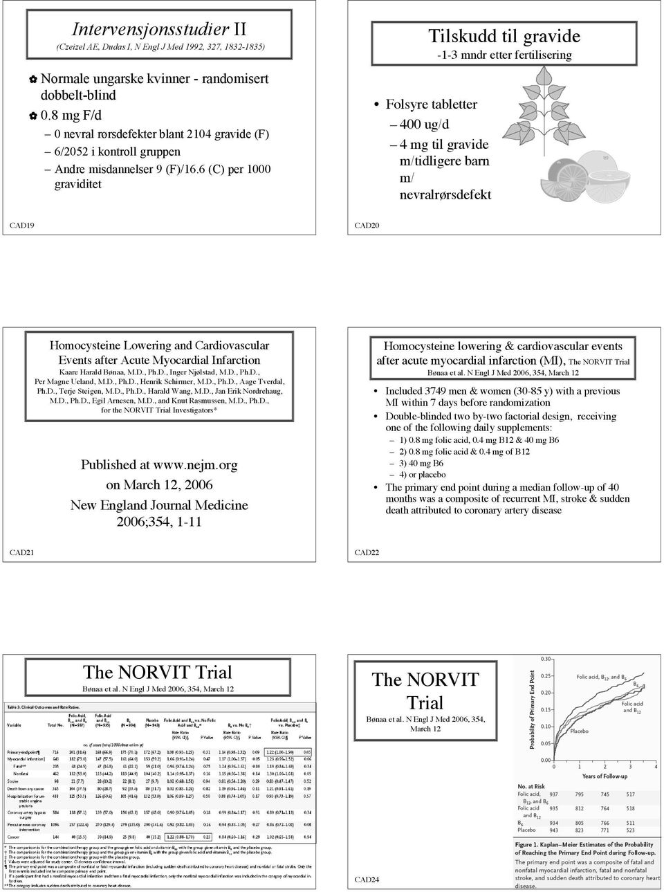 6 (C) per 1000 graviditet Tilskudd til gravide -1-3 mndr etter fertilisering Folsyre tabletter 400 ug/d 4 mg til gravide m/tidligere barn m/ nevralrørsdefekt CAD19 CAD20 Homocysteine Lowering and