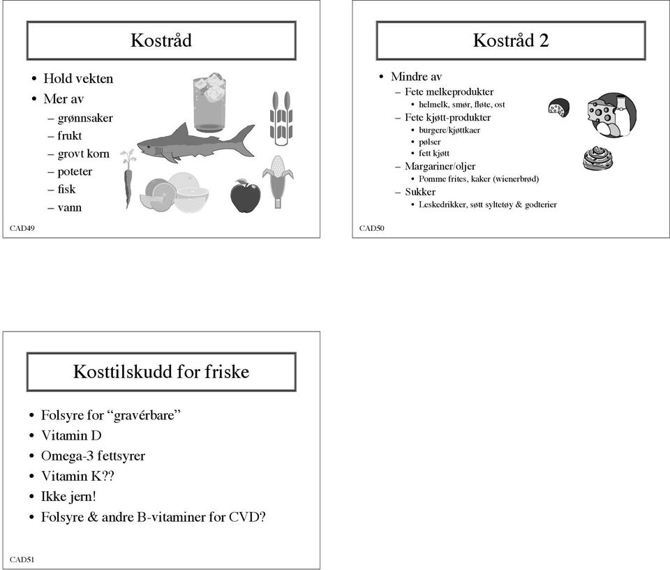 Margariner/oljer Pomme frites, kaker (wienerbrød) Sukker Leskedrikker, søtt syltetøy & godterier Kosttilskudd