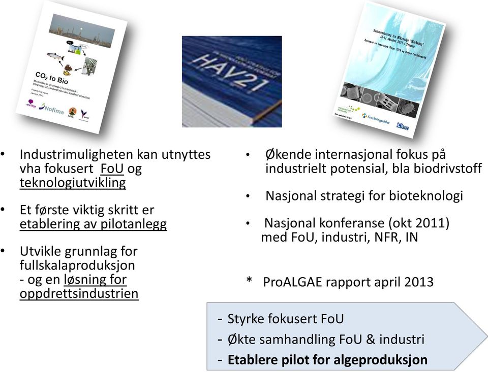 industrielt potensial, bla biodrivstoff Nasjonal strategi for bioteknologi Nasjonal konferanse (okt 2011) med FoU,