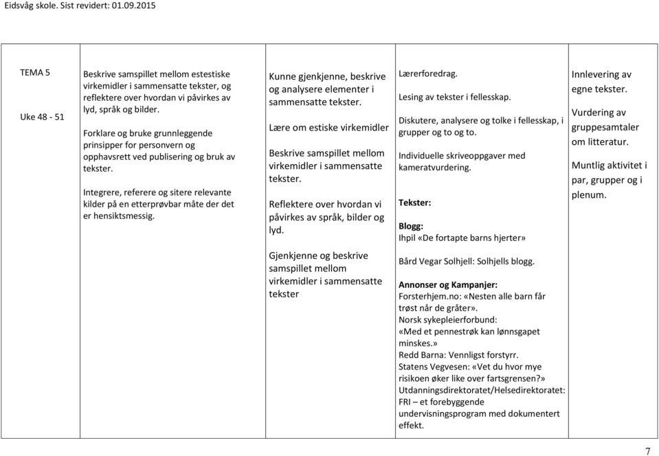 Integrere, referere og sitere relevante kilder på en etterprøvbar måte der det er hensiktsmessig. Kunne gjenkjenne, beskrive og analysere elementer i sammensatte tekster.