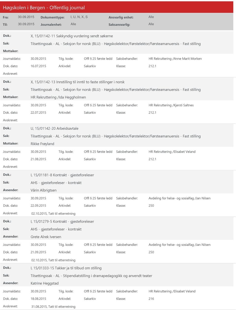 2015 Arkivdel: Sakarkiv X, 15/01142-13 Innstilling til inntil to faste stillinger i norsk Tilsettingssak - AL - Seksjon for norsk (BL) - Høgskolelektor/Førstelektor/Førsteamanuensis - Fast stilling