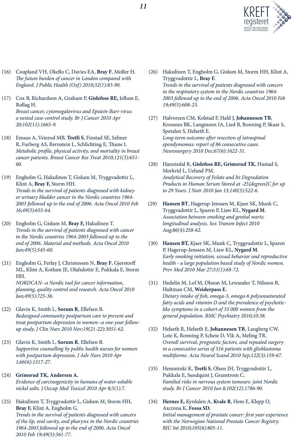 (18) Emaus A, Veierod MB, Tretli S, Finstad SE, Selmer R, Furberg AS, Bernstein L, Schlichting E, Thune I. Metabolic profile, physical activity, and mortality in breast cancer patients.