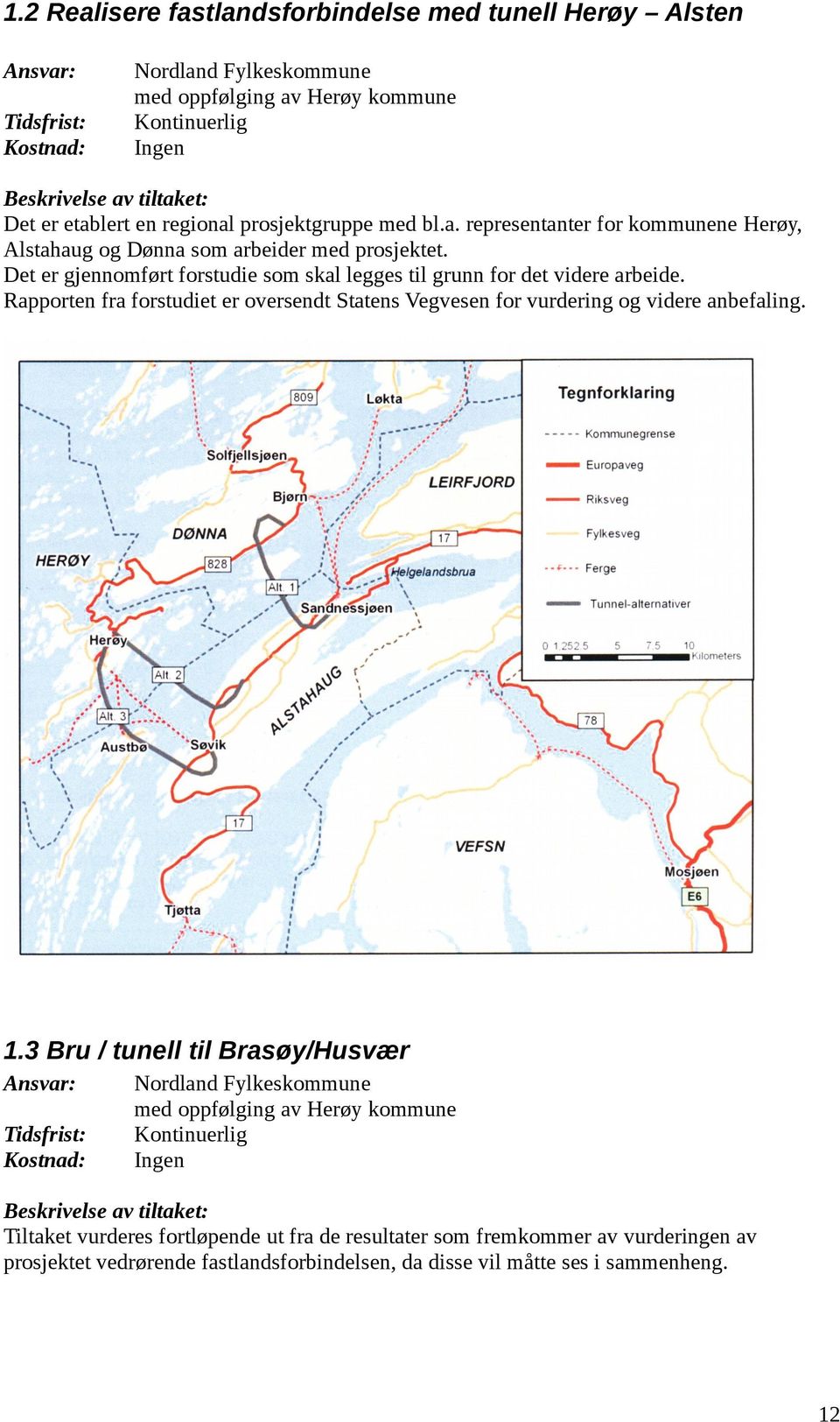 1.3 Bru / tunell til Brasøy/Husvær Nordland Fylkeskommune med oppfølging av Herøy kommune Tiltaket vurderes fortløpende ut fra de resultater som fremkommer av