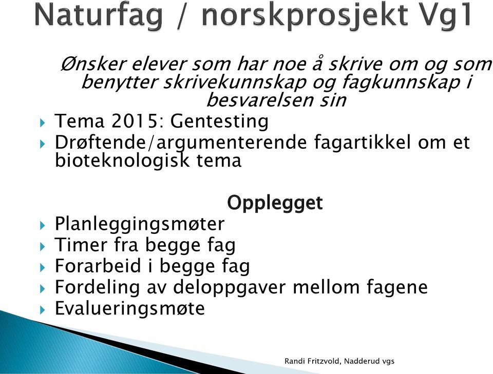 fagartikkel om et bioteknologisk tema Opplegget Planleggingsmøter Timer fra