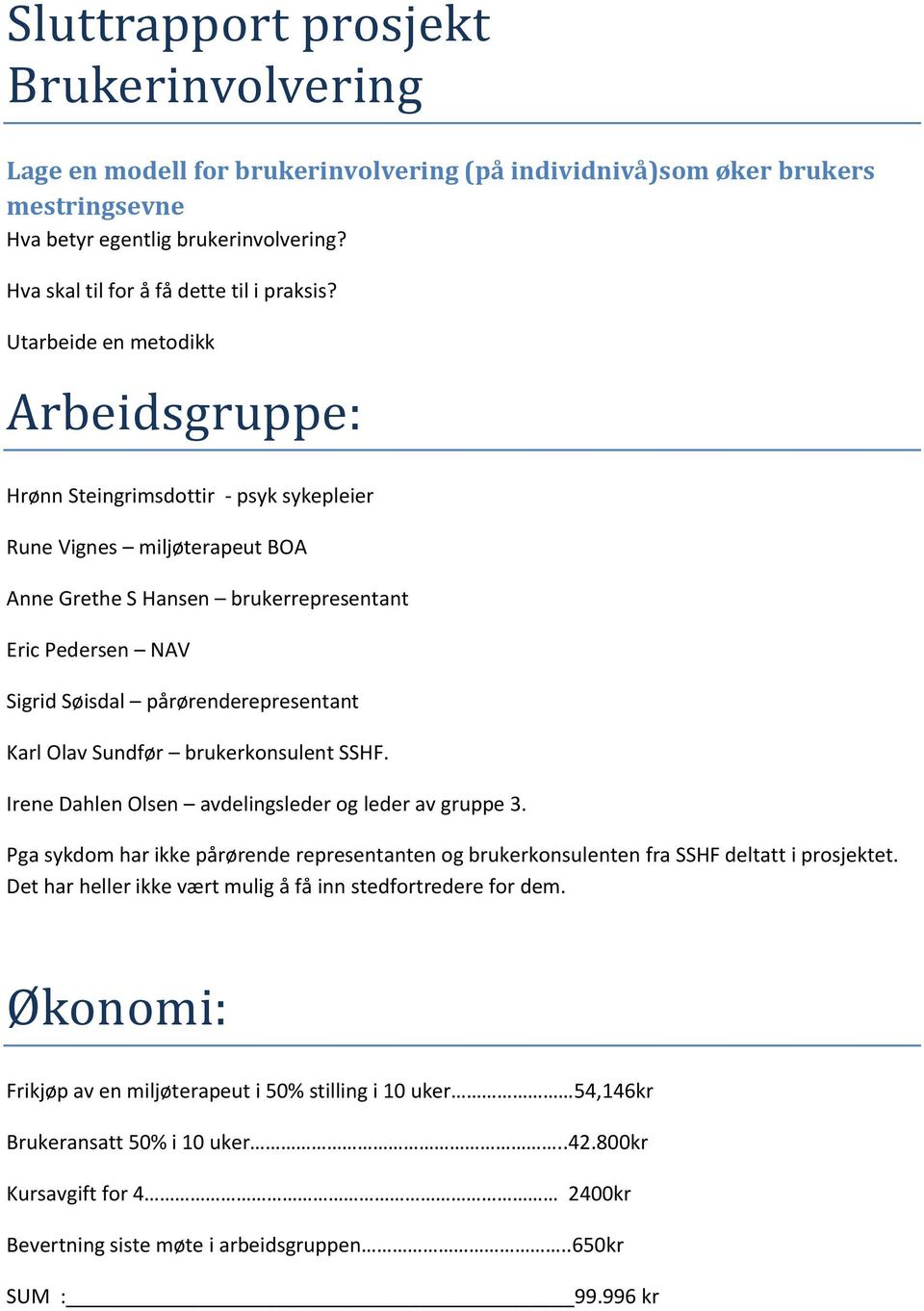 Utarbeide en metodikk Arbeidsgruppe: Hrønn Steingrimsdottir - psyk sykepleier Rune Vignes miljøterapeut BOA Anne Grethe S Hansen brukerrepresentant Eric Pedersen NAV Sigrid Søisdal