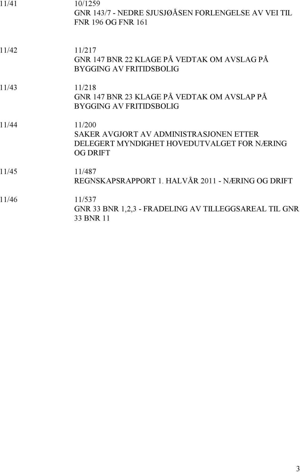 FRITIDSBOLIG 11/44 11/200 SAKER AVGJORT AV ADMINISTRASJONEN ETTER DELEGERT MYNDIGHET HOVEDUTVALGET FOR NÆRING OG DRIFT