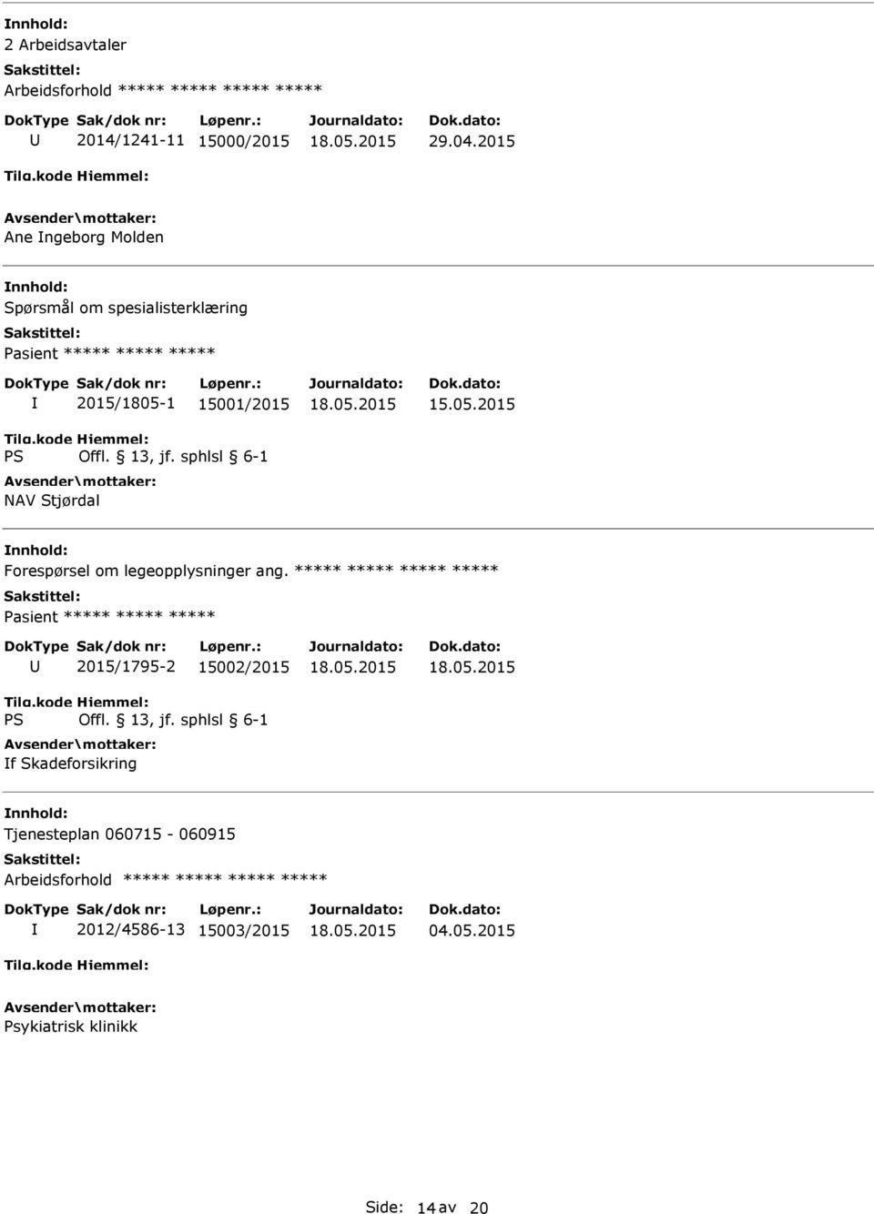 ***** ***** ***** ***** 2015/1795-2 15002/2015 f Skadeforsikring Tjenesteplan 060715-060915 Arbeidsforhold