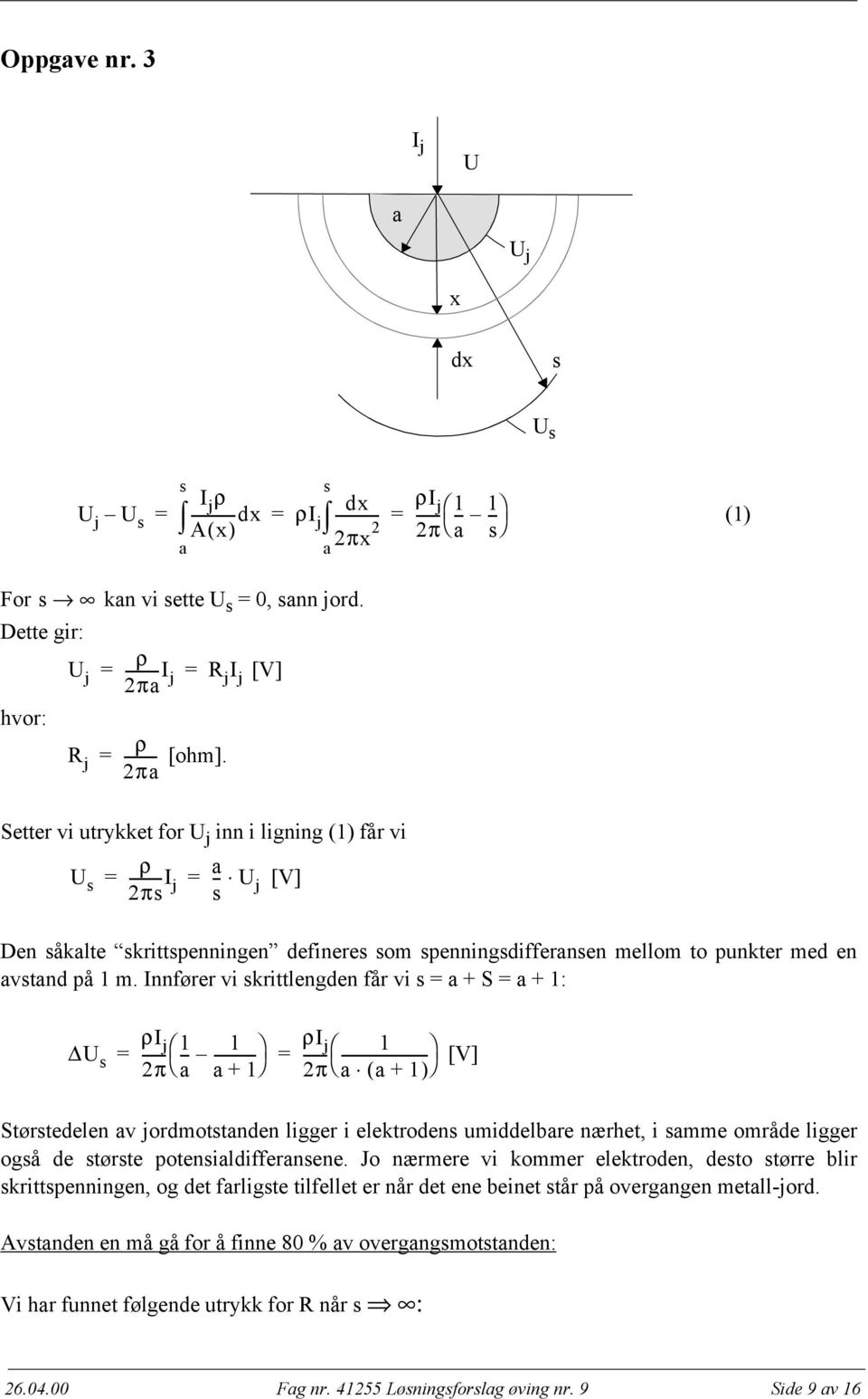 [V] Setter vi utrykket for U j inn i ligning (1) får vi U s -------- I a 2πs j - U s j [V] Den såkalte skrittspenningen defineres som spenningsdifferansen mellom to punkter med en avstand på 1 m.