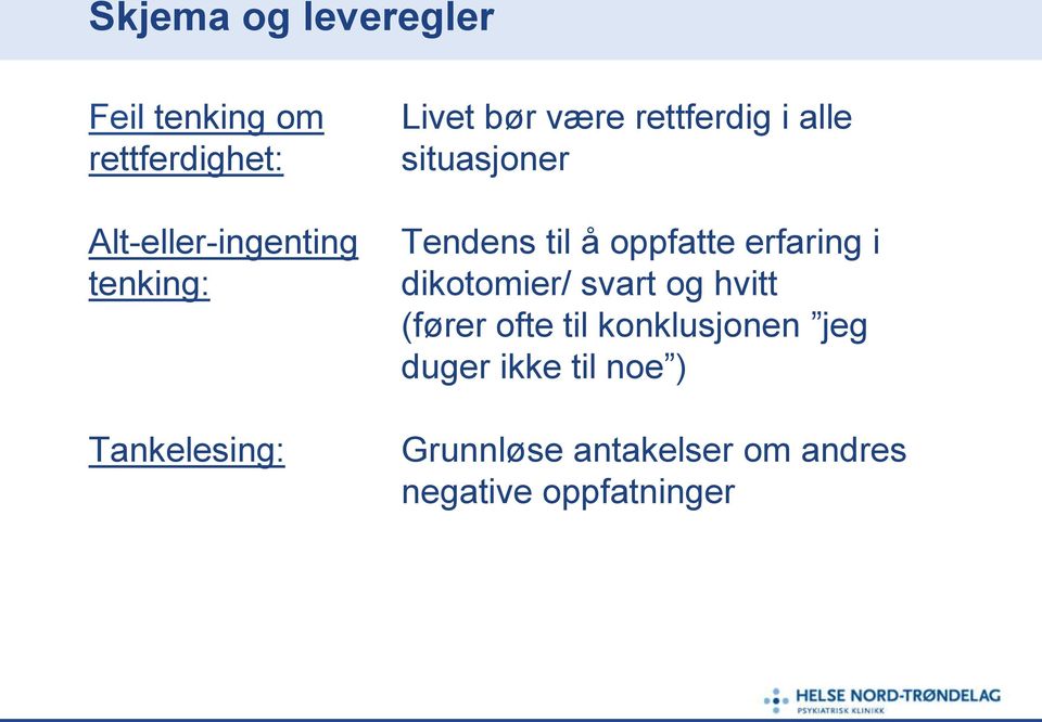 til å oppfatte erfaring i dikotomier/ svart og hvitt (fører ofte til