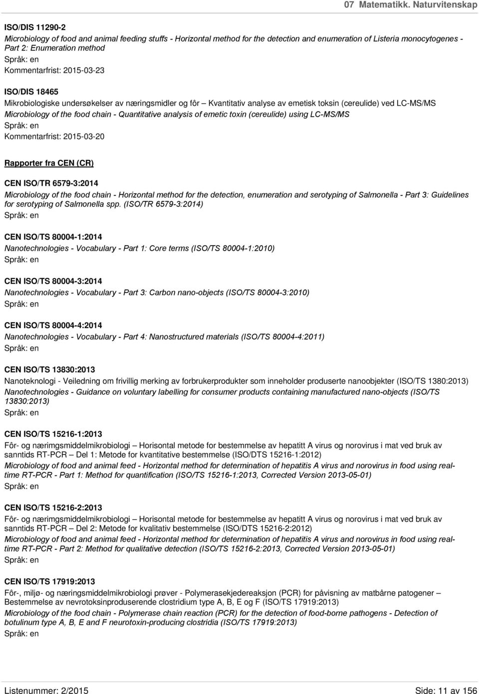 Kommentarfrist: 2015-03-23 ISO/DIS 18465 Mikrobiologiske undersøkelser av næringsmidler og fôr Kvantitativ analyse av emetisk toksin (cereulide) ved LC-MS/MS Microbiology of the food chain -