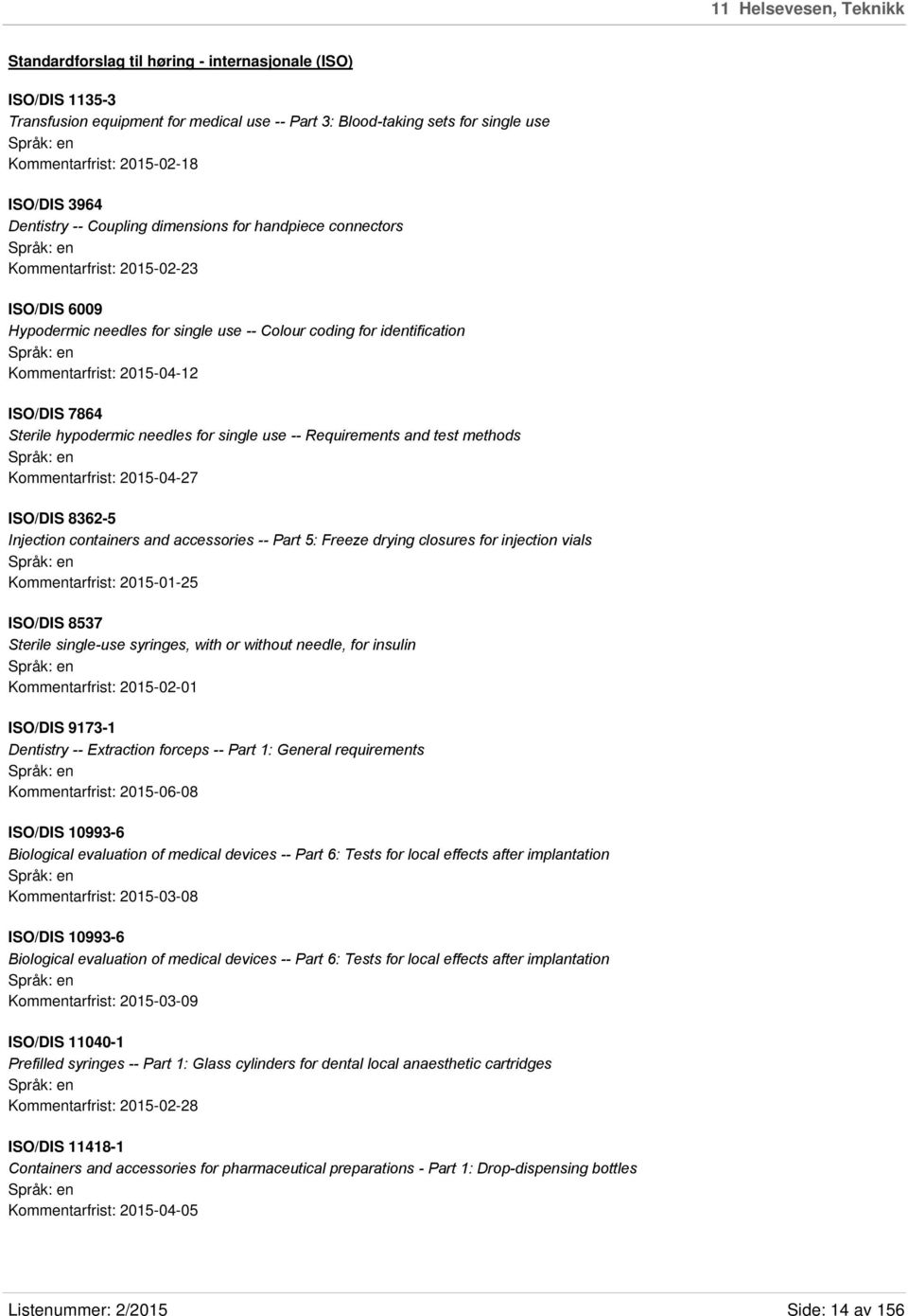 2015-04-12 ISO/DIS 7864 Sterile hypodermic needles for single use -- Requirements and test methods Kommentarfrist: 2015-04-27 ISO/DIS 8362-5 Injection containers and accessories -- Part 5: Freeze