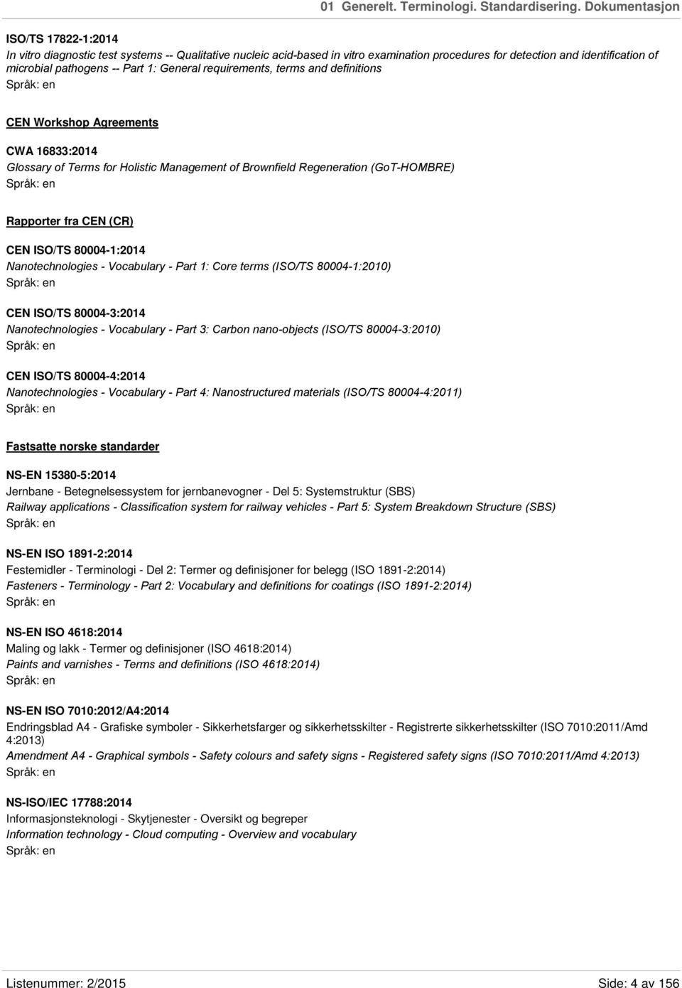 General requirements, terms and definitions CEN Workshop Agreements CWA 16833:2014 Glossary of Terms for Holistic Management of Brownfield Regeneration (GoT-HOMBRE) Rapporter fra CEN (CR) CEN ISO/TS