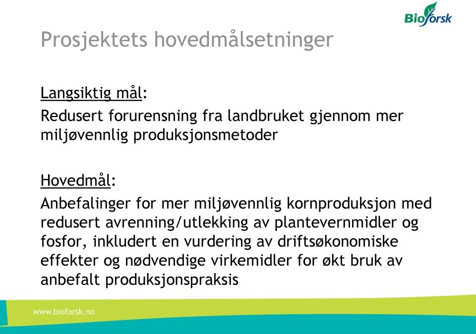 kornproduksjon med redusert avrenning/utlekking av plantevernmidler og fosfor, inkludert en