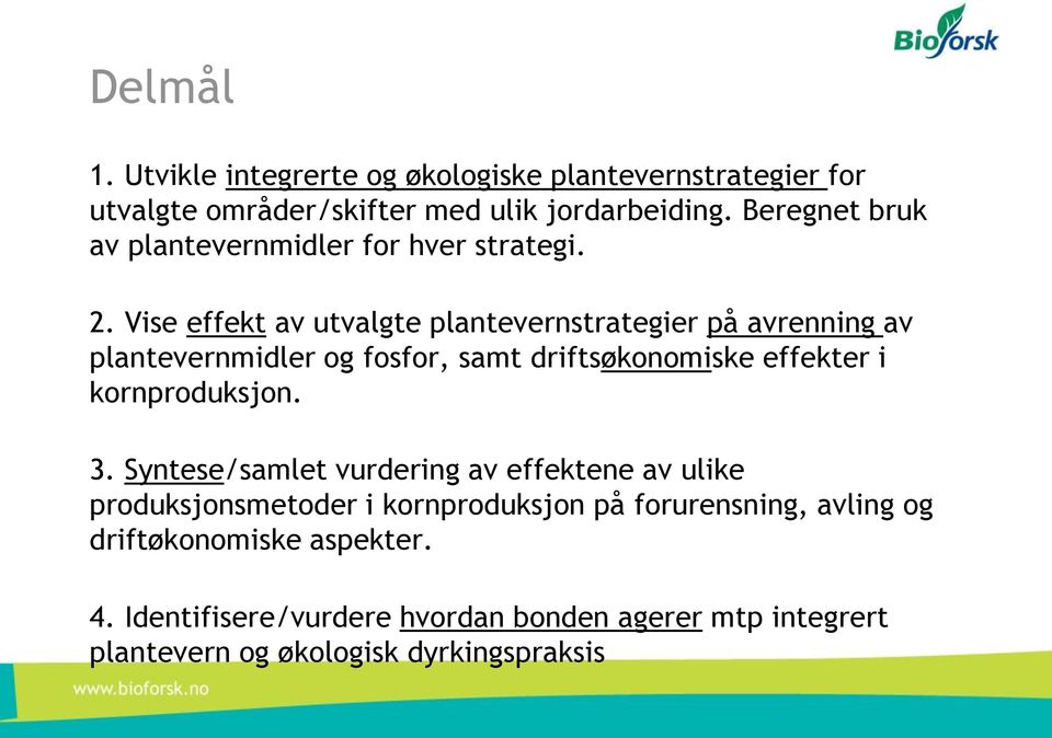 Vise effekt av utvalgte plantevernstrategier på avrenning av plantevernmidler og fosfor, samt driftsøkonomiske effekter i kornproduksjon.