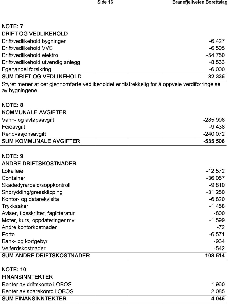 NOTE: 8 KOMMUNALE AVGIFTER Vann- og avløpsavgift -285 998 Feieavgift -9 438 Renovasjonsavgift -240 072 SUM KOMMUNALE AVGIFTER -535 508 NOTE: 9 ANDRE DRIFTSKOSTNADER Lokalleie -12 572 Container -36