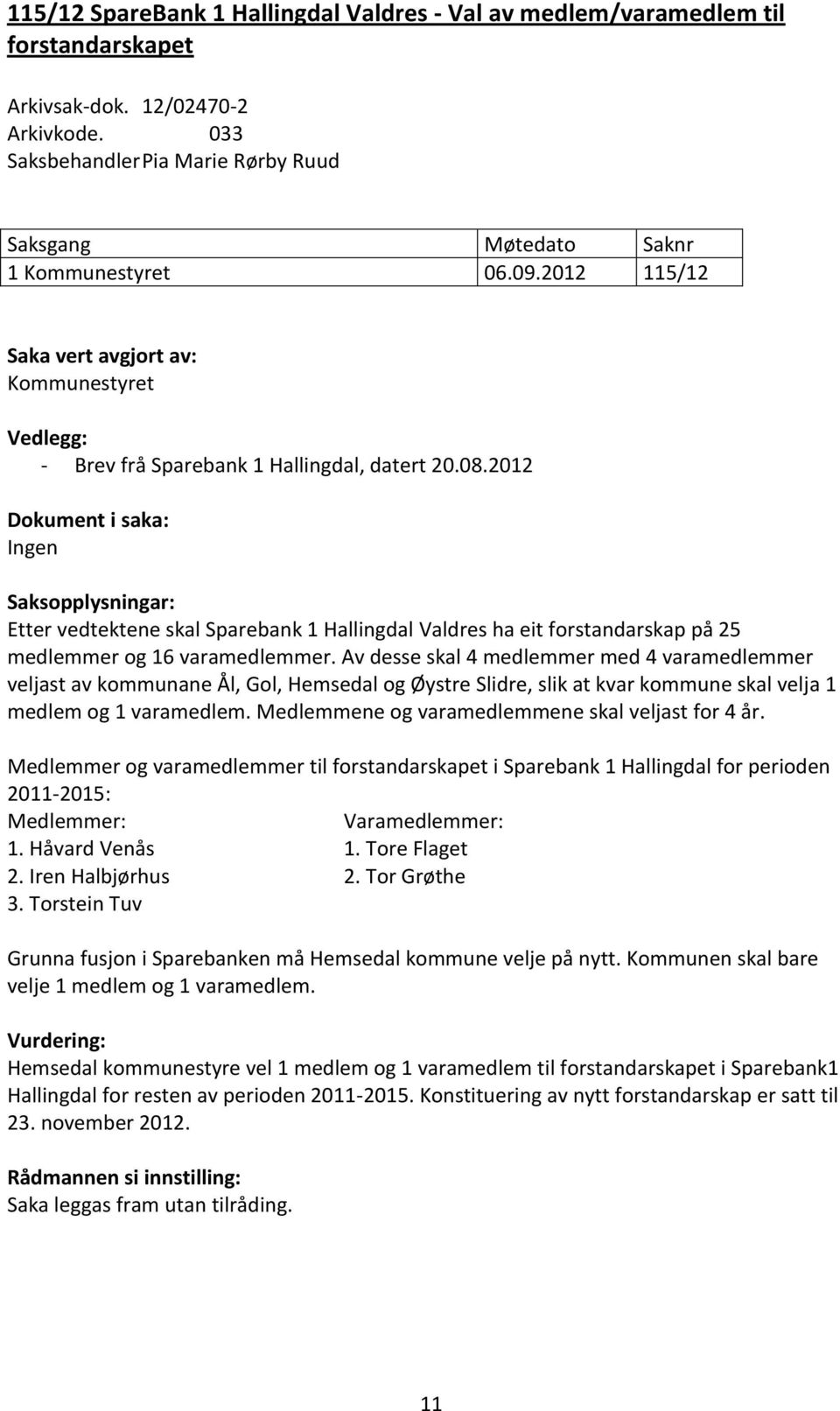 2012 Dokument i saka: Ingen Saksopplysningar: Etter vedtektene skal Sparebank 1 Hallingdal Valdres ha eit forstandarskap på 25 medlemmer og 16 varamedlemmer.