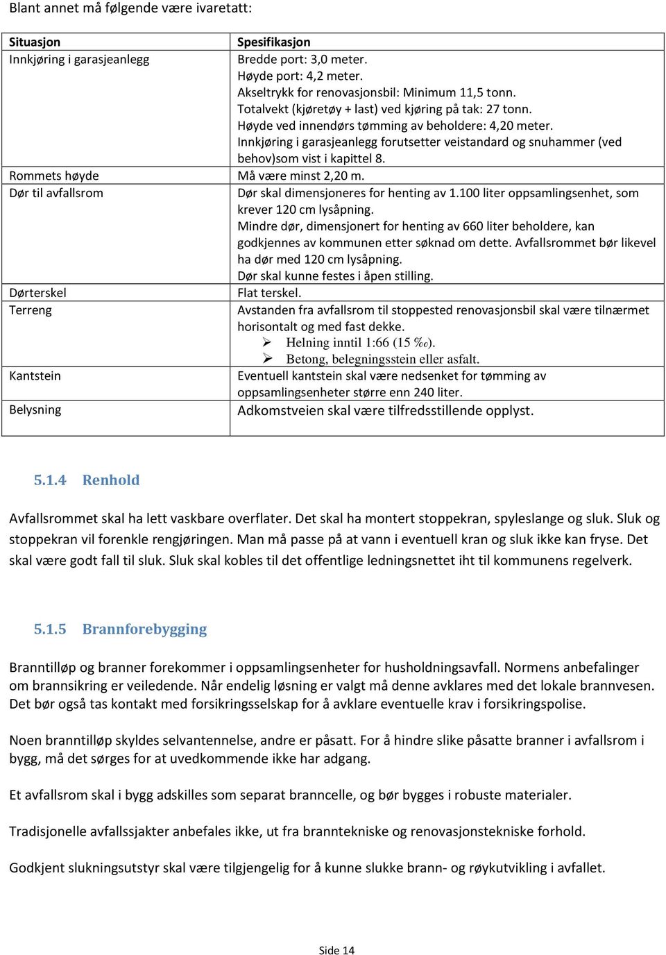 Innkjøring i garasjeanlegg forutsetter veistandard og snuhammer (ved behov)som vist i kapittel 8. Rommets høyde Må være minst 2,20 m. Dør til avfallsrom Dør skal dimensjoneres for henting av 1.