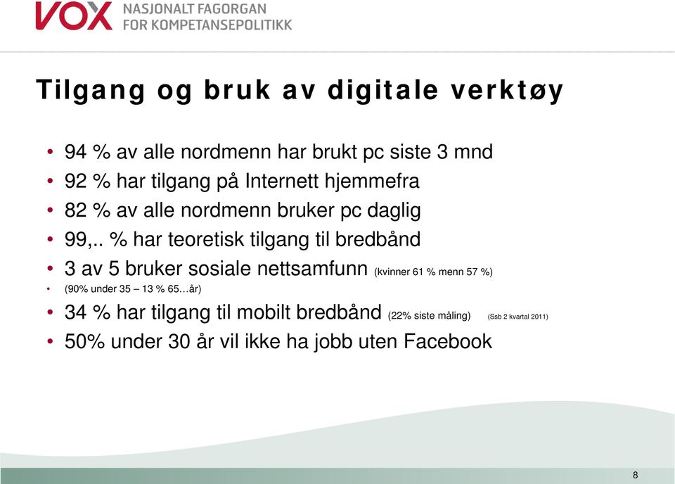 . % har teoretisk tilgang til bredbånd 3 av 5 bruker sosiale nettsamfunn (kvinner 61 % menn 57 %) (90%