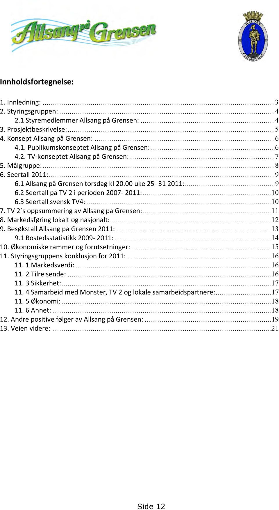 3 Seertall svensk TV4:...10 7. TV 2`s oppsummering av Allsang på Grensen:...11 8. Markedsføring lokalt og nasjonalt:...12 9. Besøkstall Allsang på Grensen 2011:...13 9.1 Bostedsstatistikk 2009-2011:.