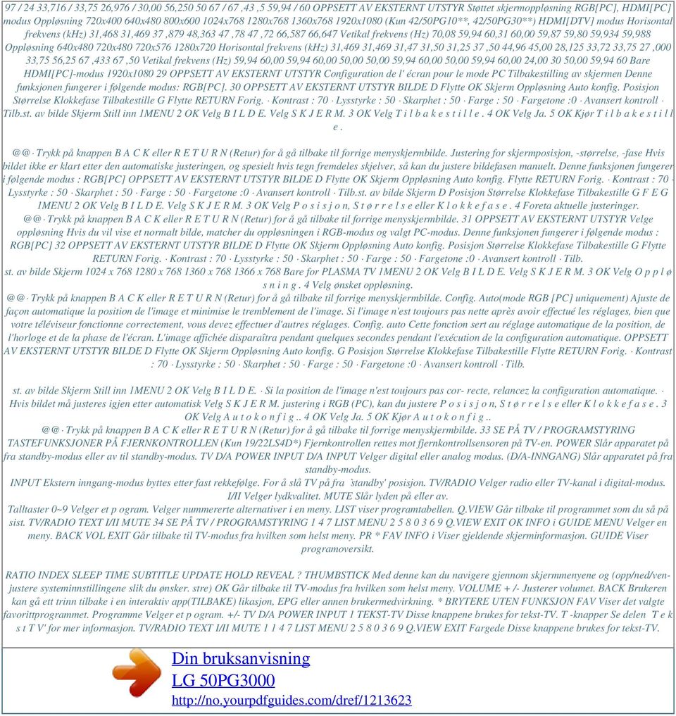 60,00 59,87 59,80 59,934 59,988 Oppløsning 640x480 720x480 720x576 1280x720 Horisontal frekvens (khz) 31,469 31,469 31,47 31,50 31,25 37,50 44,96 45,00 28,125 33,72 33,75 27,000 33,75 56,25 67,433